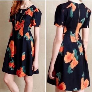 CCO! ANTHROPOLOGIE McGinn Poppy Palette A Line Navy Orange Short Floral Dress